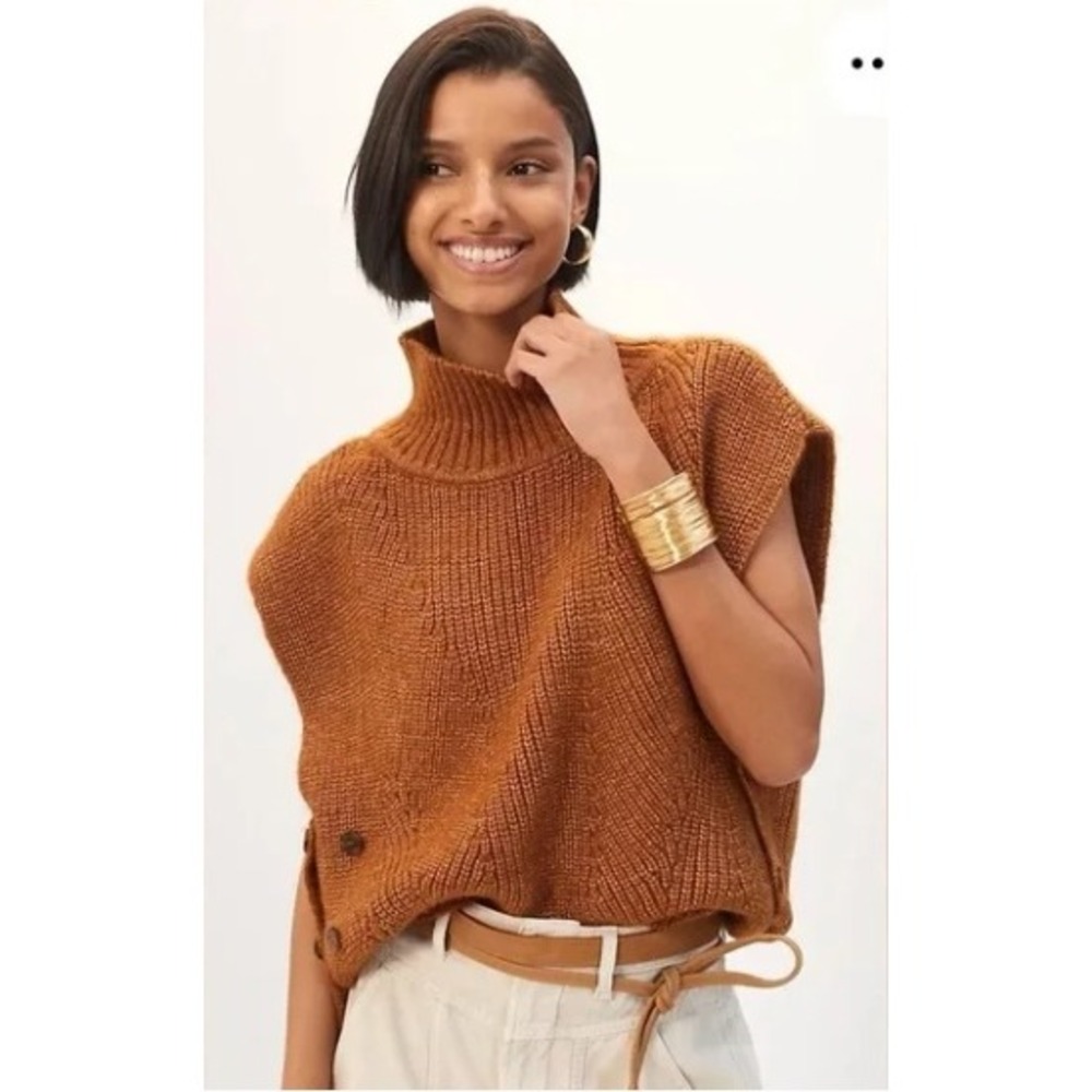 Anthropologie Mock Neck Side Button Poncho Sweater Camel Brown One Size Layering